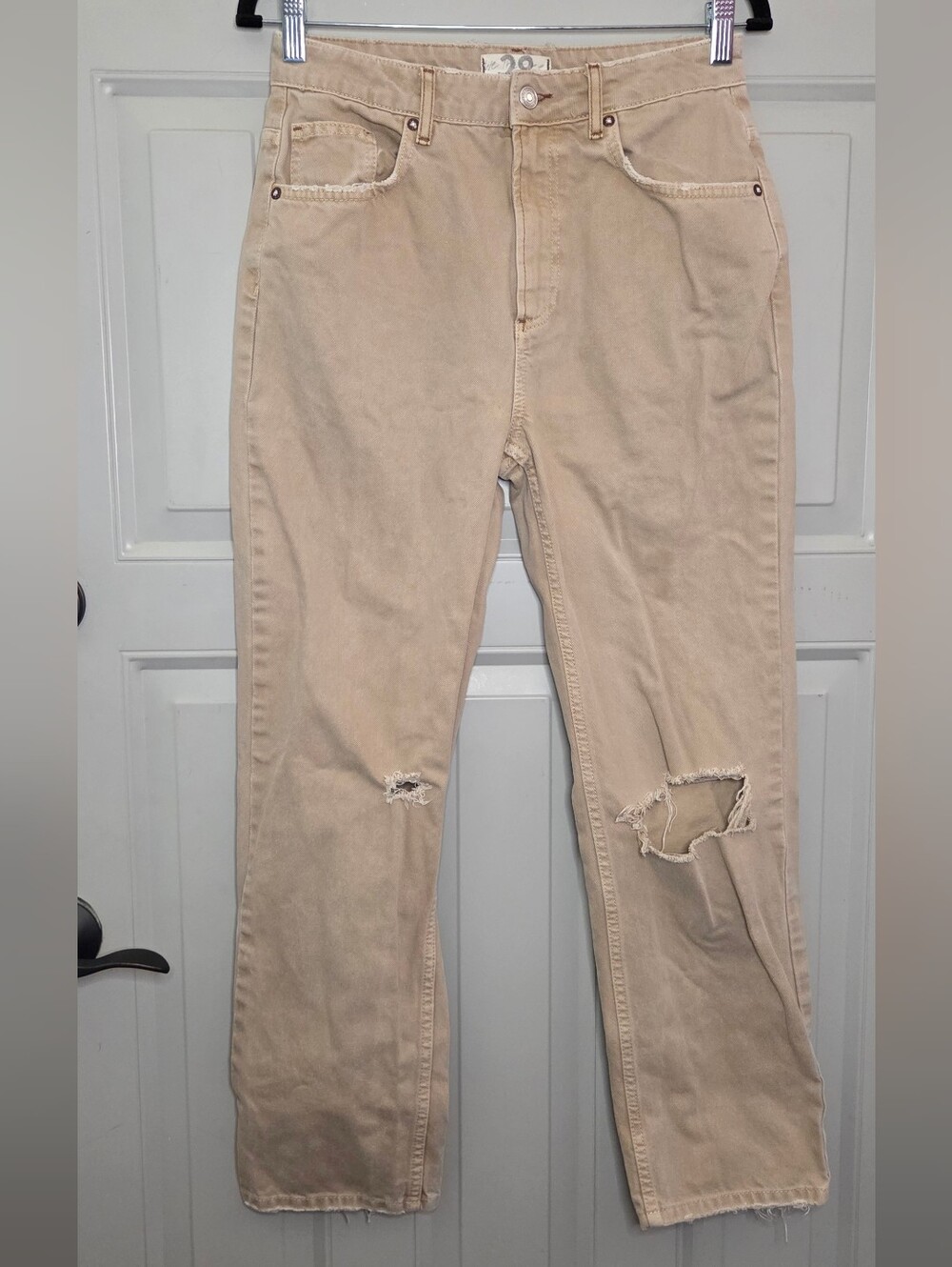 Free People - Beige Straight-Leg Jeans with Distressed Knees